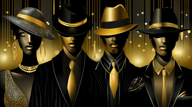 Nostalgic tribute to fashion of Harlem Renaissance with faceless models donning stylish fedoras sequined flapper dresses and dapper zoot suits, vector illustration visualization,, with copy