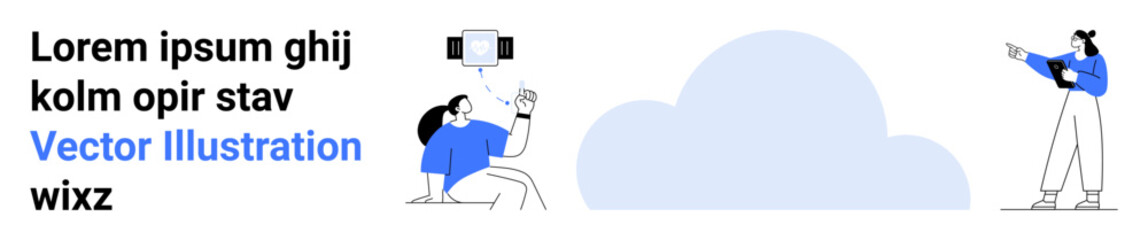 Two individuals explore technology, one sitting with a selfie stick, another pointing at a cloud. Ideal for cloud storage, collaboration, communication, technology, creativity, innovation simple