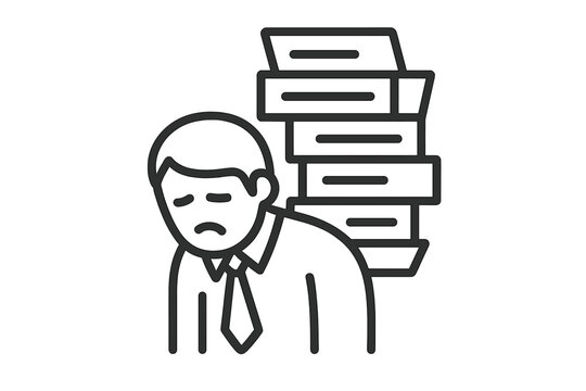 Overwhelmed businessman with a stack of files icon