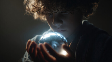 A Moment of Wonder: A young individual holds a glowing orb, gazing at its radiant light in a moment of quiet contemplation, evoking a sense of mystery.
