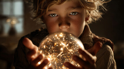 Enchanting Gaze and Shimmering Sphere: A young boy gazes intently, his eyes fixed upon a magical sphere alight with glowing particles, emanating a warm, captivating light.