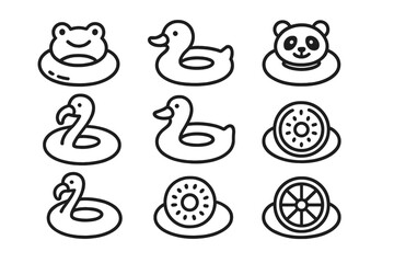 Set of nine outlined pool floats on a dark gray background