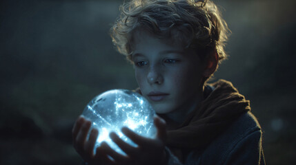 Contemplation of the Glowing Orb: A young person gazes intently at a glowing orb held gently in their hands, the light illuminating their face and evoking a sense of wonder and curiosity. 