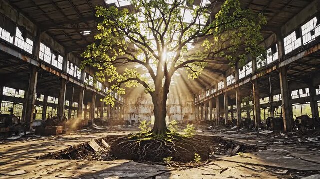 Sunlight cascades through broken windows as a majestic tree stands tall in the center of a deserted warehouse.