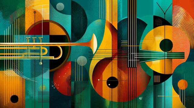 Vibrant abstract mural style wallpaper that celebrates harlem renaissance blending music literature and art, black history month concept, mural illustration representation,, with copy space