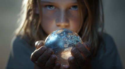 A Glimpse of the World: A young child tenderly cradles a glistening crystal ball, a world of potential and discovery held delicately within their hands, evoking a sense of wonder and curiosity.