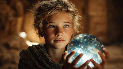 Mystical Orb of Wonder: A young child gazes at a glowing orb with wonder and fascination, illuminating the space around them with an ethereal light and creating a sense of magic.