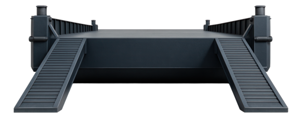 Wide barge with extendable ramps and reinforced corners for durability.