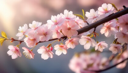 Obraz premium softly lit cherry blossom branch with delicate pink flowers casting gentle shadows on a serene background embodying the tranquility and ephemeral beauty of spring