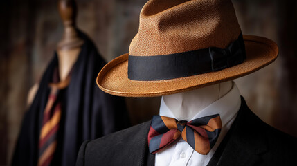Vintage faceless African-American depicted with striped bowtie and fedora against studio backdrop, defocused historical fashion, period style, classic portraiture,, with copy space