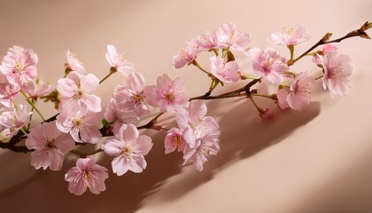 Fototapeta premium a delicate branch of pink cherry blossoms in full bloom casting a soft gentle shadow on a warm neutral background symbolizing spring s arrival and ephemeral beauty