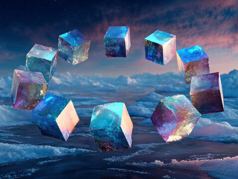10 holographic cubes in a circular arrangement, floating against cosmic backdrop Cubes exhibit shifting colors, geometric composition, and connected by thin lines Perspective from bel - AI-Generated