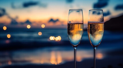 Obraz premium Two Sparkling Champagne Flutes at Sunset Over the Ocean with Bokeh Lights