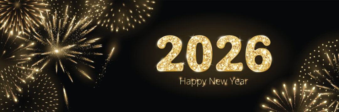 2026 glitter gold digits on black background with fireworks display. New Year celebration backdrop with sparkling fireworks, luxury golden glow. Horizontal festive banner for social media. Vector.