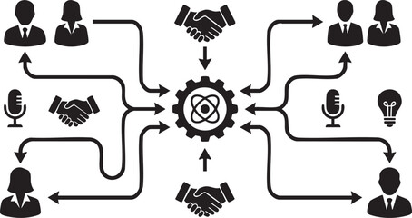 Business collaboration network with handshake gear and people icons vector