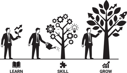 Business growth stages concept with men watering plant gears and rocket learn