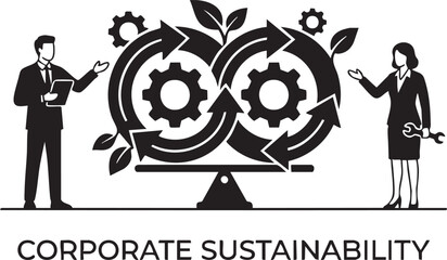 Business people and circular economy gears on scales with corporate sustainability text woman suit