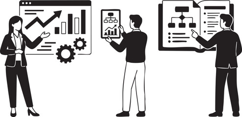 Business people presenting charts and organizational diagrams in a meeting presentation