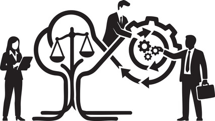 Business people interacting with scales of justice and gear mechanism symbols woman suit