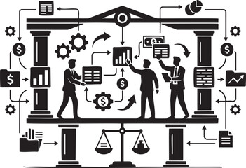 Business process flow chart with people gears money and legal scales vector