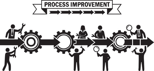 Business process improvement flowchart with people icons and gears vector