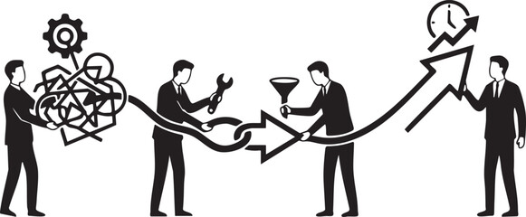 Business process optimization with men using tools and funnel leading to growth chart vector