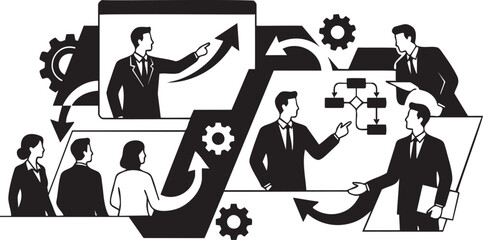 Business team collaboration and workflow process with gears and arrows teamwork
