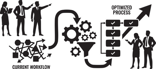 Business workflow optimization process with current workflow and optimized process diagrams and silhouetted people