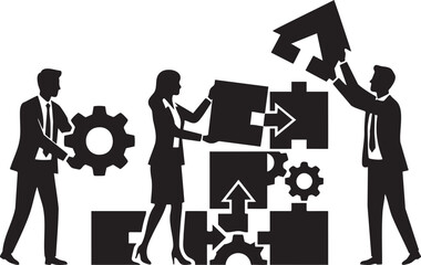 Silhouettes of business people assembling puzzle pieces and gears in a collaborative effort teamwork