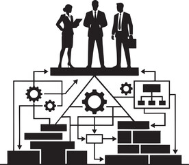 Silhouettes of business people standing above a flowchart with gears and arrows diagram