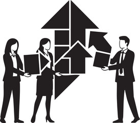 Three business people holding documents with upward pointing arrows graphic woman