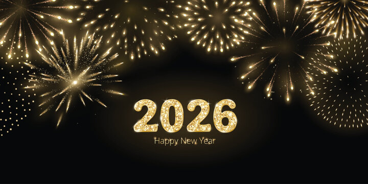 2026 gold glitter numbers with fireworks on black background. New Year celebration with golden fireworks glow. Festive holiday backdrop with decorative frame for banners, posters and headers. Vector.
