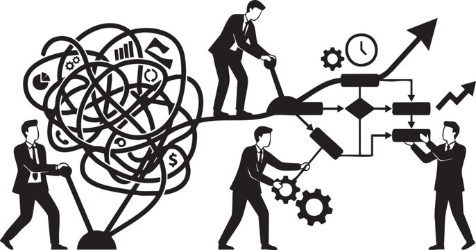 Businessmen interacting with complex tangled lines and flowchart for process improvement suit
