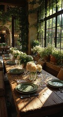 Elegant rustic dining table set with floral arrangements and natural light by large windows, creating a warm, romantic atmosphere for celebrations, events, and refined interior styling.