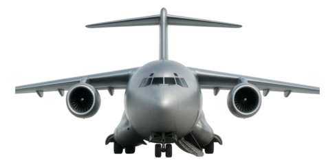 Large dual-engine transport plane featuring a rear loading ramp.