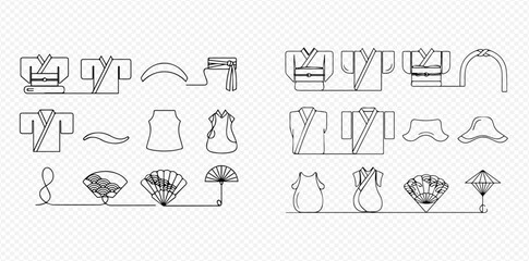 Traditional Asian Garments and Accessories Line Art Collection for Cultural Design.