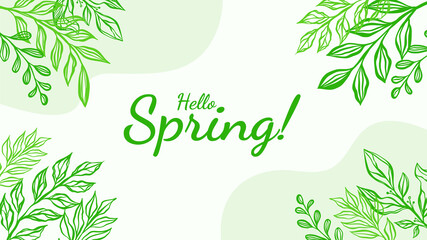 Hello Spring greeting card with green leaves frame