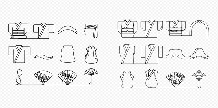Traditional Asian Garments and Accessories Line Art Collection for Cultural Design.