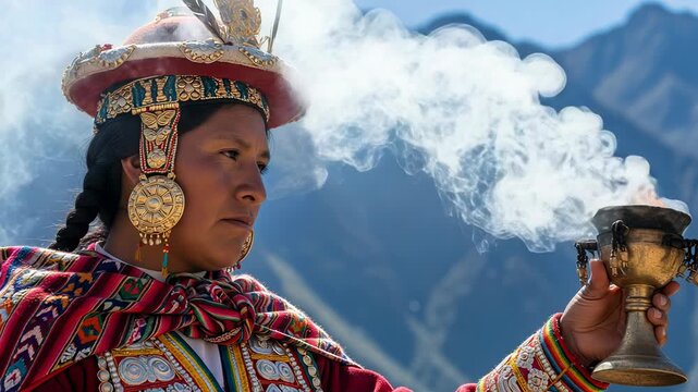 Incan high priestess performs ceremony with incense in sacred mountain setting.