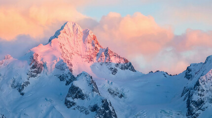 A breathtaking landscape of snow-capped mountain peaks amidst a picturesque, frosty nature scene, offering a chilling, scenic view of the sky and surrounding clouds.