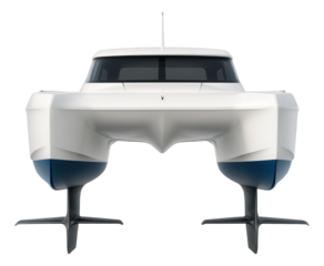 Compact catamaran featuring dual hulls and visible stabilizing foils.