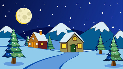 Fototapeta premium A cozy winter night scene with snow-covered houses, pine trees, and a bright full moon