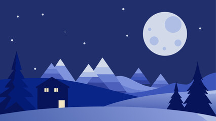 Obraz premium Cozy cabin in a serene winter wonderland under the glow of a full moon