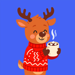 Cute smiling reindeer in red sweater holding a hot chocolate with marshmallows, blue background. Illustration for holiday greeting cards, children’s books, winter decorations, mobile apps, gift wrap