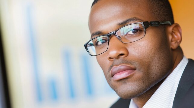 Confident Black business professional in modern office during meeting with data analytics board in background - Powered by Adobe