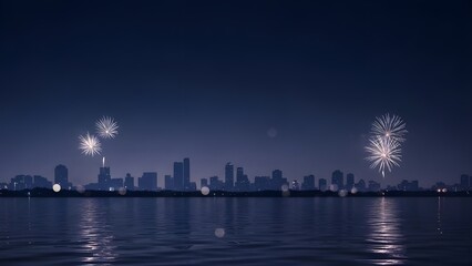 Night City Skyline with Fireworks Reflection, Dark Blue and Purple Tones, Bokeh Effect, Ultra High Resolution, Horizontal 16:9