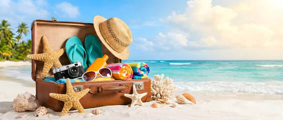 Open vintage suitcase filled with summer essentials on a sunny tropical beach background 