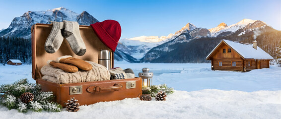 Vintage suitcase packed with winter clothes in front of a snowy mountain cabin landscape.