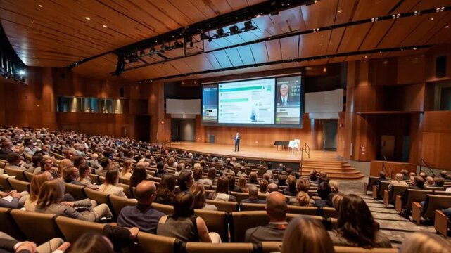 Bustling seminar audience in a spacious hall: Diverse people gathered for a corporate presentation, cinematic wide shot for professional development and event highlights.