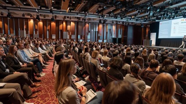 Diverse audience gathered in a large seminar room, cinematic view of professional attendees listening to a presentation for educational and corporate video projects.